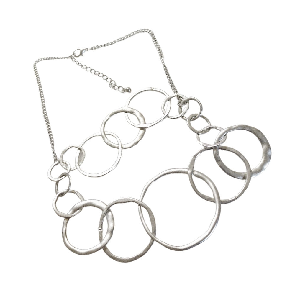 Silver Double Layer Circle Link Necklace Statemen… - image 3